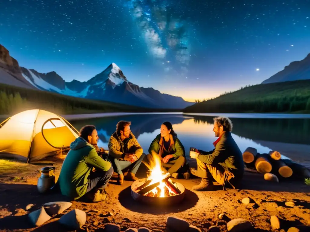 Exploradores disfrutan de snacks para expediciones responsables alrededor de la hoguera en la remota naturaleza estrellada