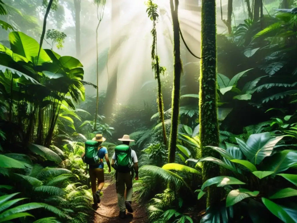 Exploradores vestidos de manera ecológica exploran un exuberante bosque tropical, integrándose con la naturaleza