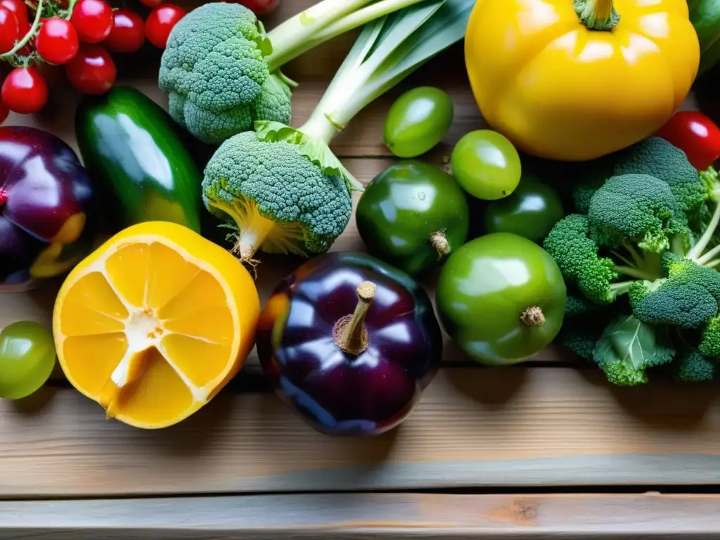 Una explosión de colores en frutas y verduras orgánicas sobre una mesa rústica