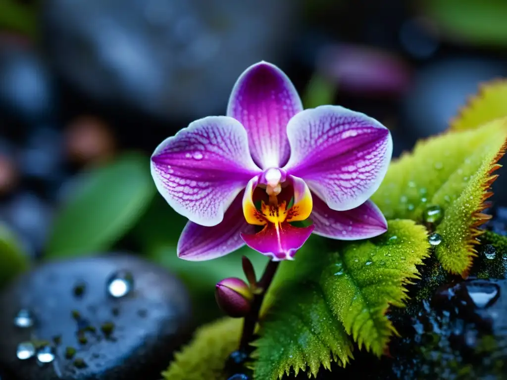 Una exquisita orquídea entre rocas cubiertas de musgo, con gotas de agua en sus pétalos