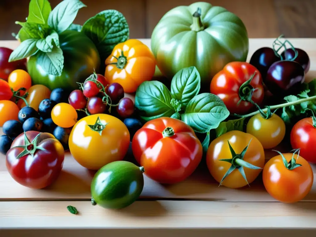 Deliciosa variedad de frutas y verduras orgánicas Una exquisita selección de frutas y verduras orgánicas recién cosechadas, iluminadas por suave luz natural