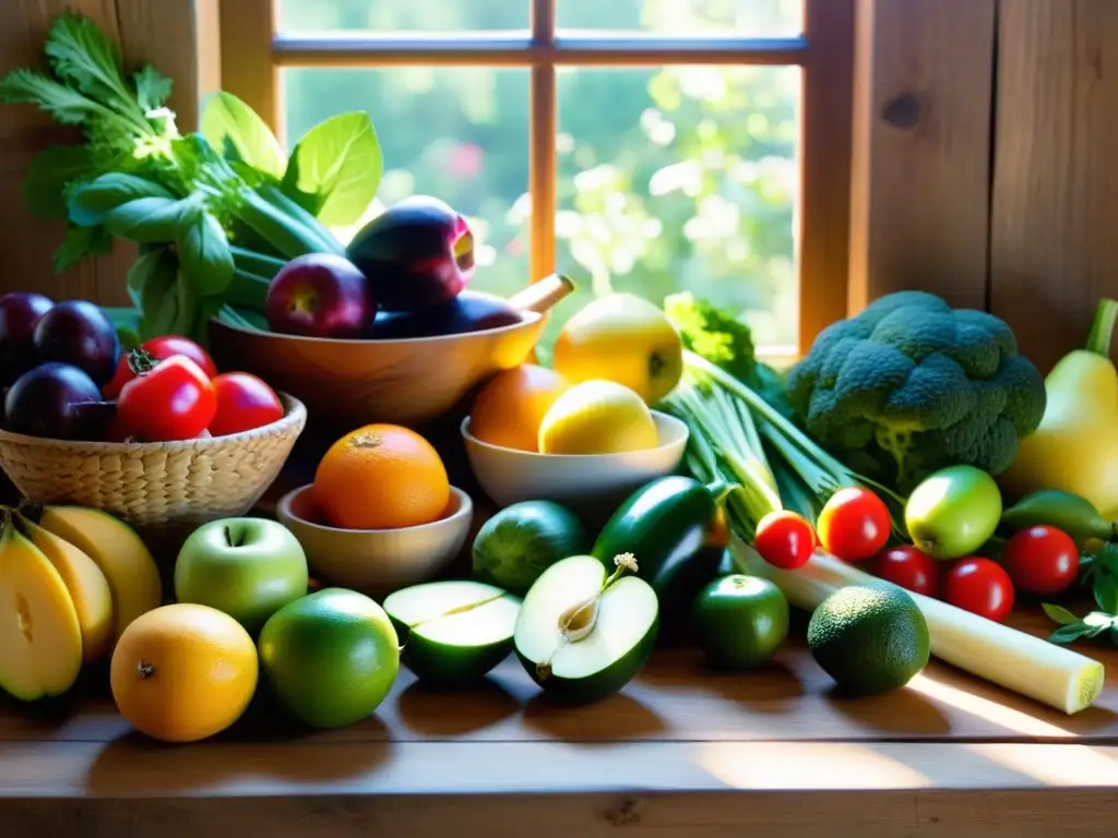 Exquisita variedad de alimentos orgánicos, frutas y verduras en una mesa rústica