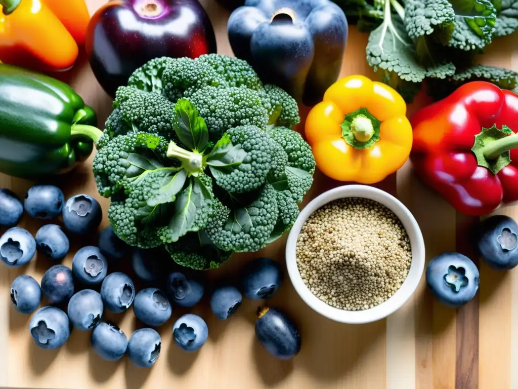 Una exquisita variedad de superalimentos orgánicos en una tabla de cortar de madera, resaltando los beneficios de una dieta equilibrada