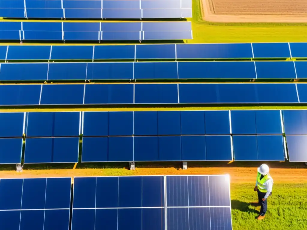 Un extenso campo lleno de paneles solares brillantes bajo un cielo azul claro