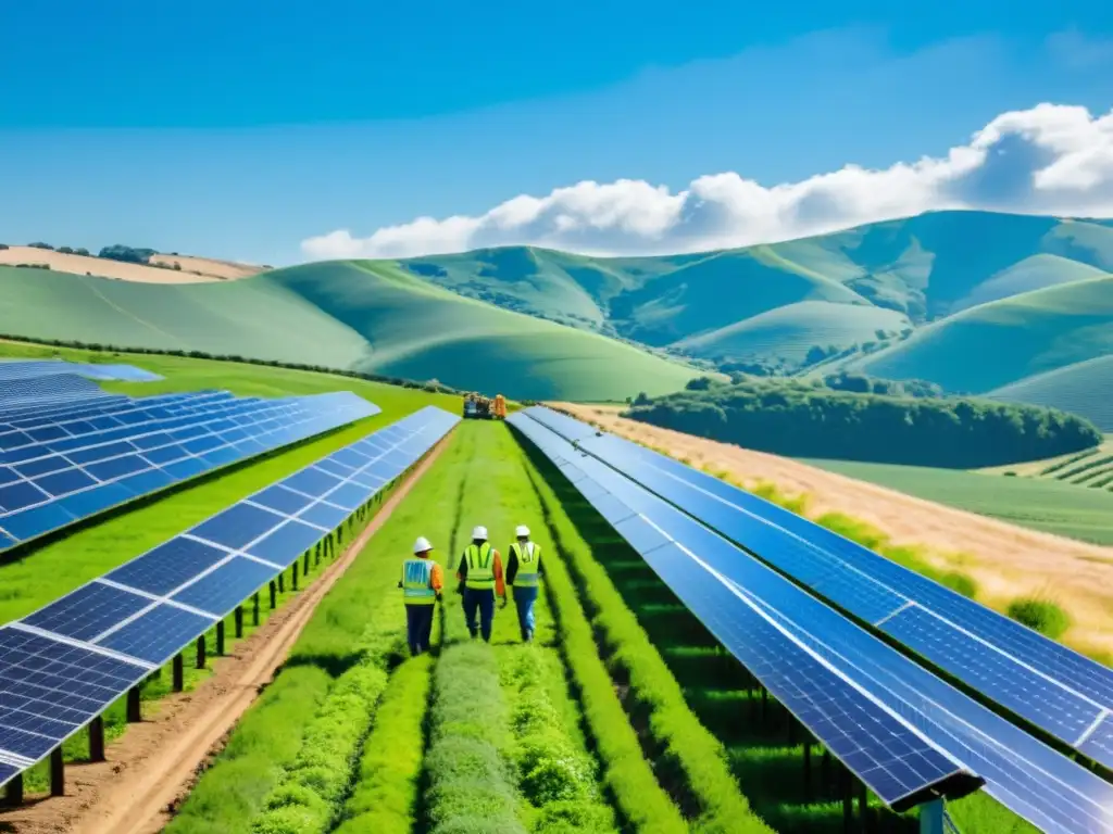 Un extenso campo de paneles solares en colinas verdes, trabajadores ajustando equipos, una ciudad al fondo