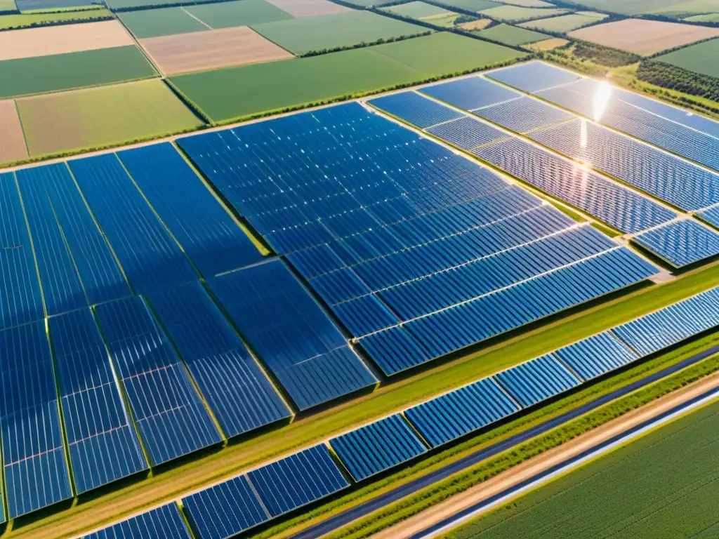 Un extenso campo de paneles solares brilla bajo el cielo azul, destacando la eficiencia y el potencial de la energía renovable