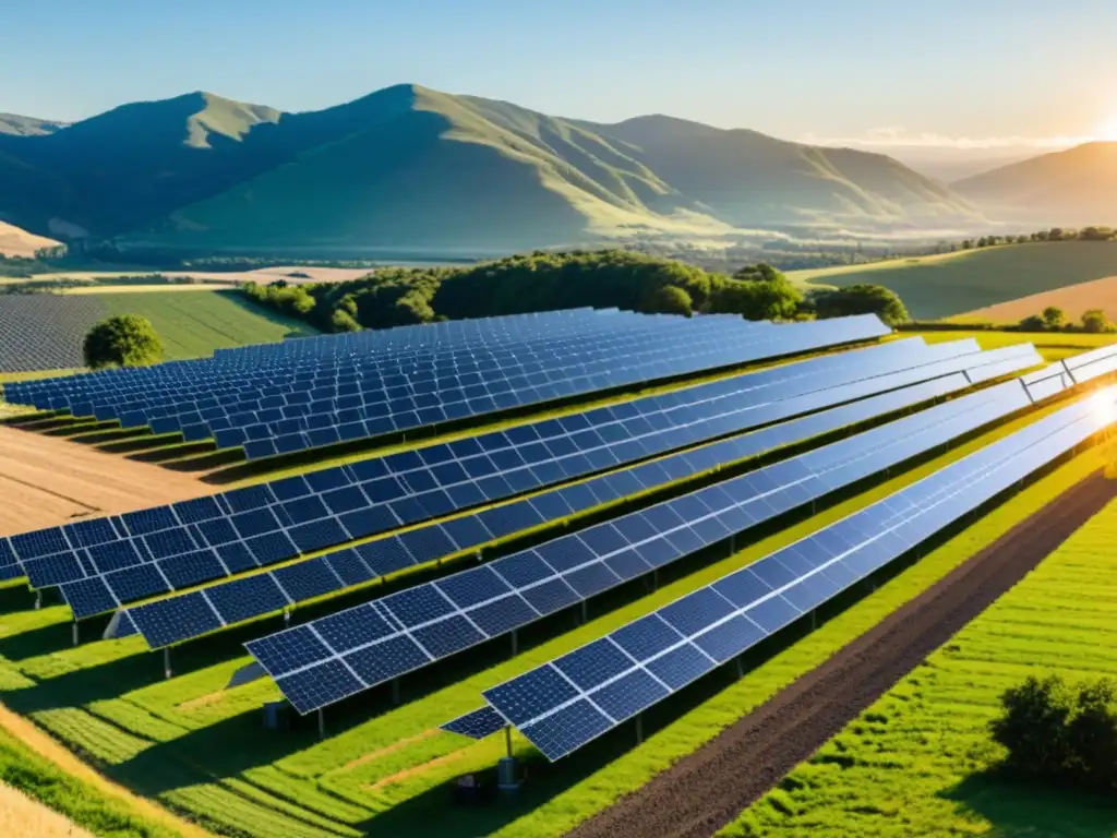 Un extenso campo de paneles solares con técnicos inspeccionando, mientras el sol se pone sobre las colinas