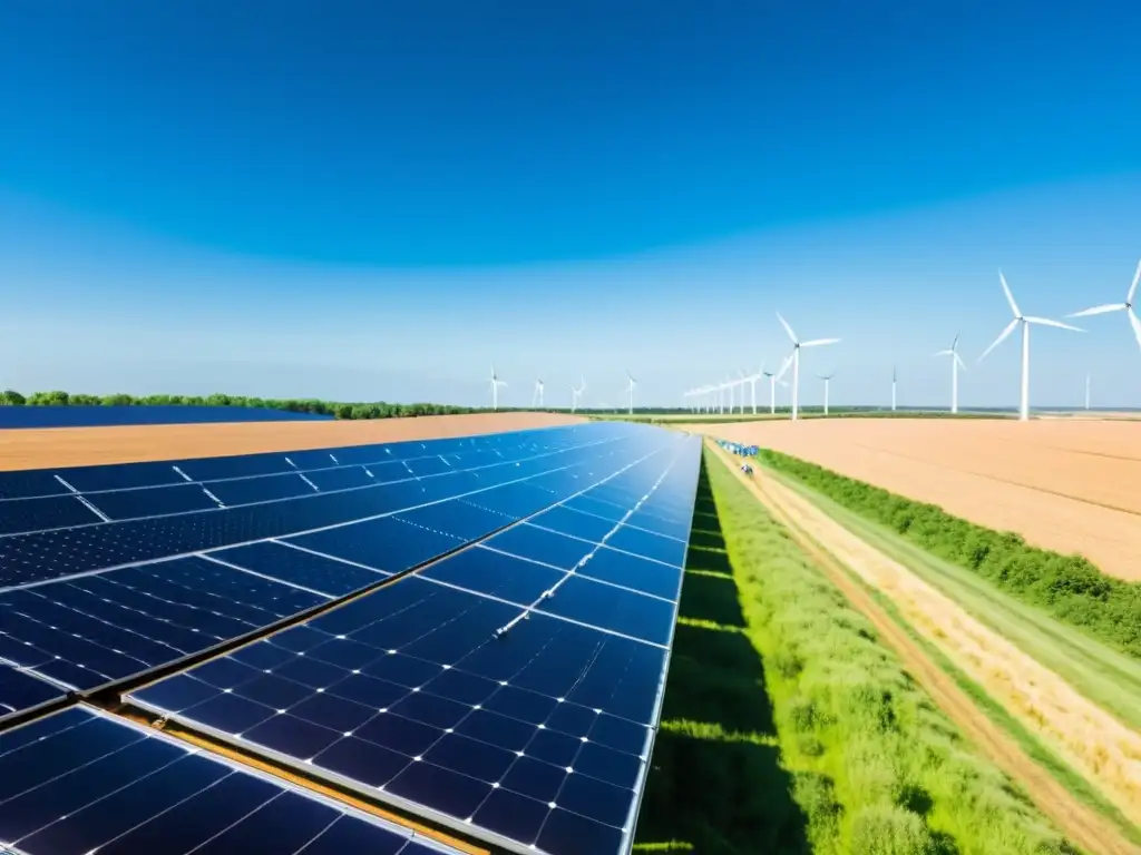 Un extenso campo de paneles solares relucientes se extiende bajo un cielo azul, mientras trabajadores inspeccionan