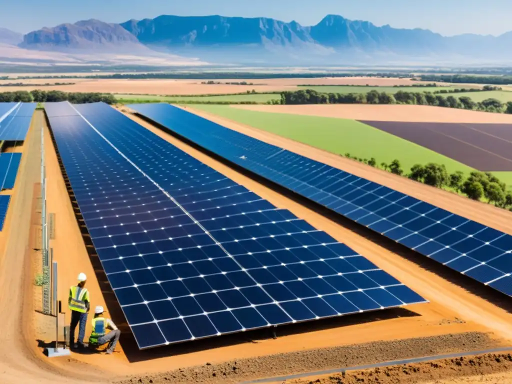 Un extenso campo de paneles solares bajo el sol, con técnicos inspeccionando y trabajadores instalando nuevos paneles