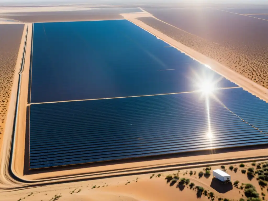 Un extenso campo solar en el desierto, con paneles solares reluciendo bajo el sol