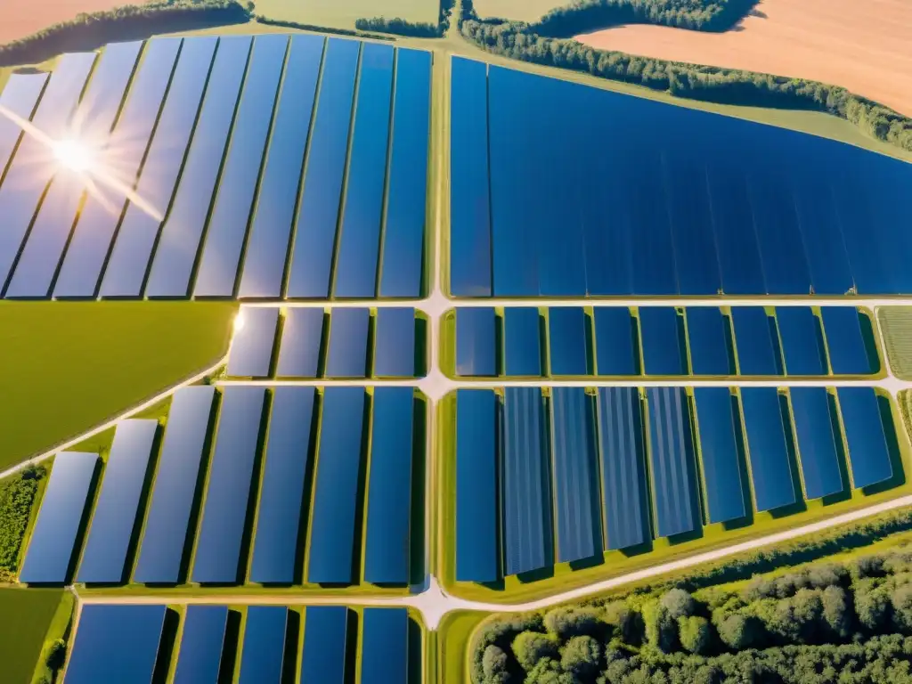 Un extenso parque solar con paneles relucientes bajo un cielo azul