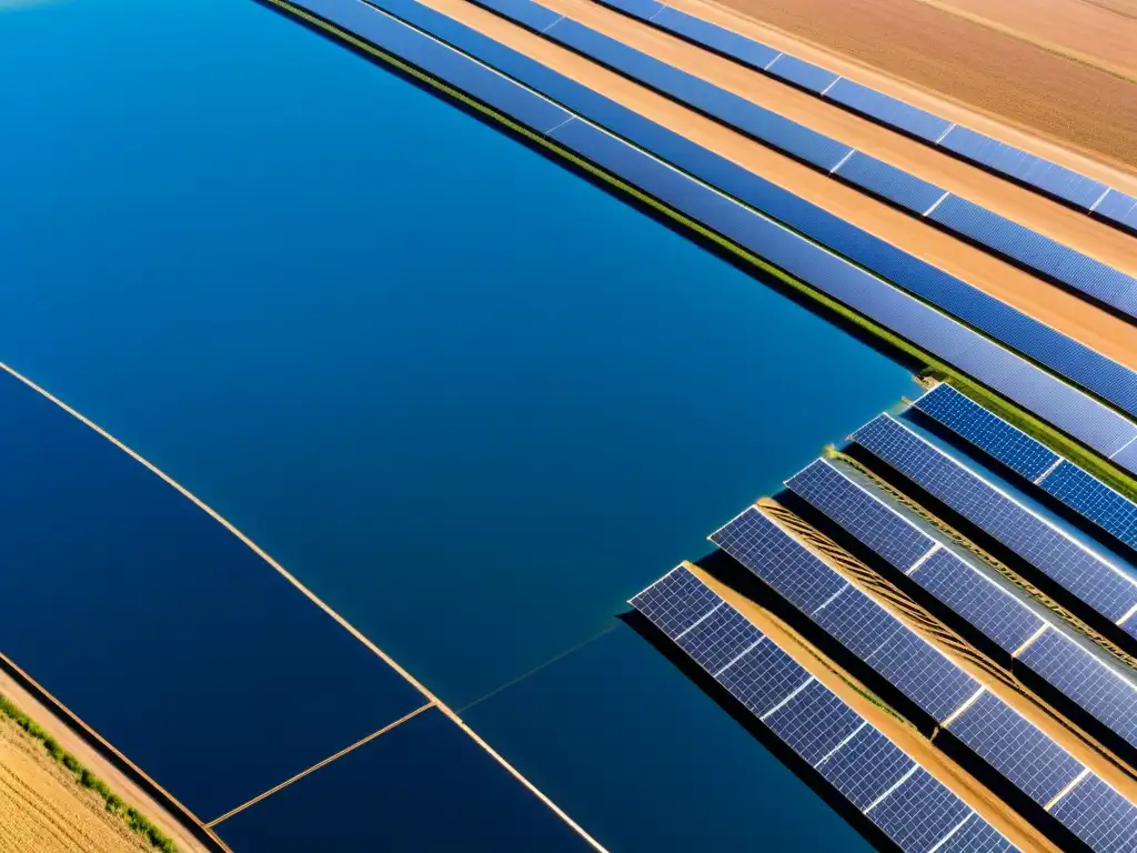 Un extenso parque solar con paneles brillantes bajo un cielo azul, mostrando el potencial del almacenamiento de energía ecosistemas mundo