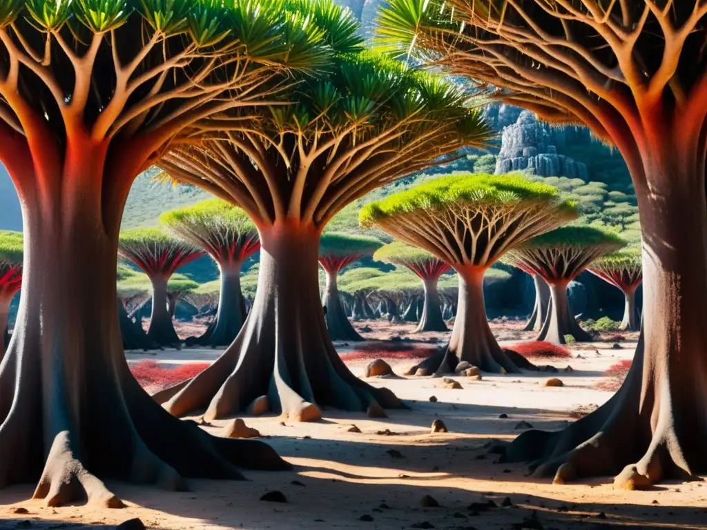 Extrañas formas de vida en Socotra: imagen detallada de los árboles de sangre de dragón con su distintivo dosel en forma de sombrilla y resina roja oozing de sus troncos, creando un paisaje alienígena y fascinante juego de luz y sombra en el den