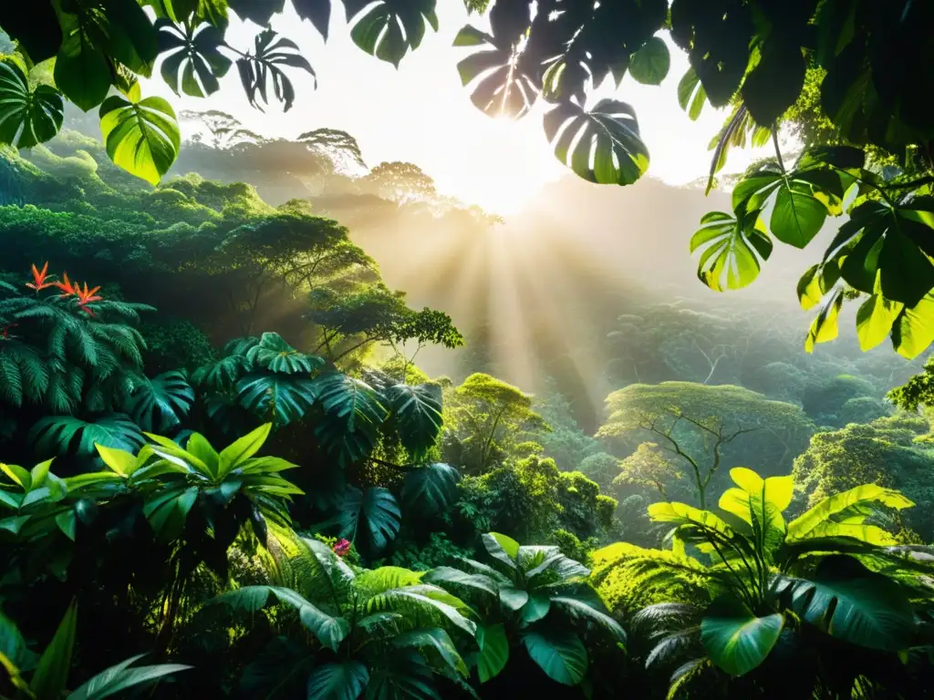 Un exuberante amanecer en la selva tropical, en el que los rayos dorados del sol atraviesan el dosel, creando un juego de luces y sombras