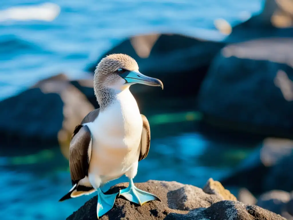 Exuberante ave azul de Galápagos posada en acantilado