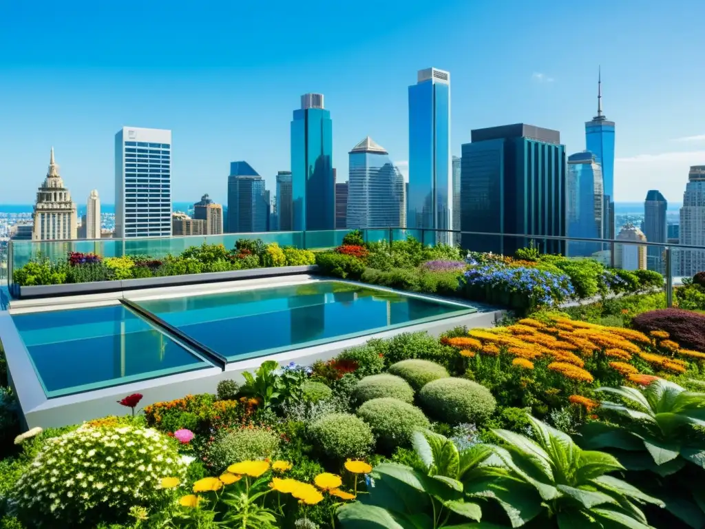 Un jardín exuberante en la azotea de un edificio moderno, integrando jardines en edificios con armonía entre la naturaleza y la arquitectura urbana