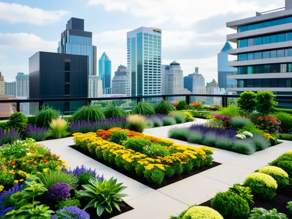 Un exuberante jardín en la azotea, integrando jardines en edificios, contrasta con la arquitectura urbana moderna, lleno de vida y color