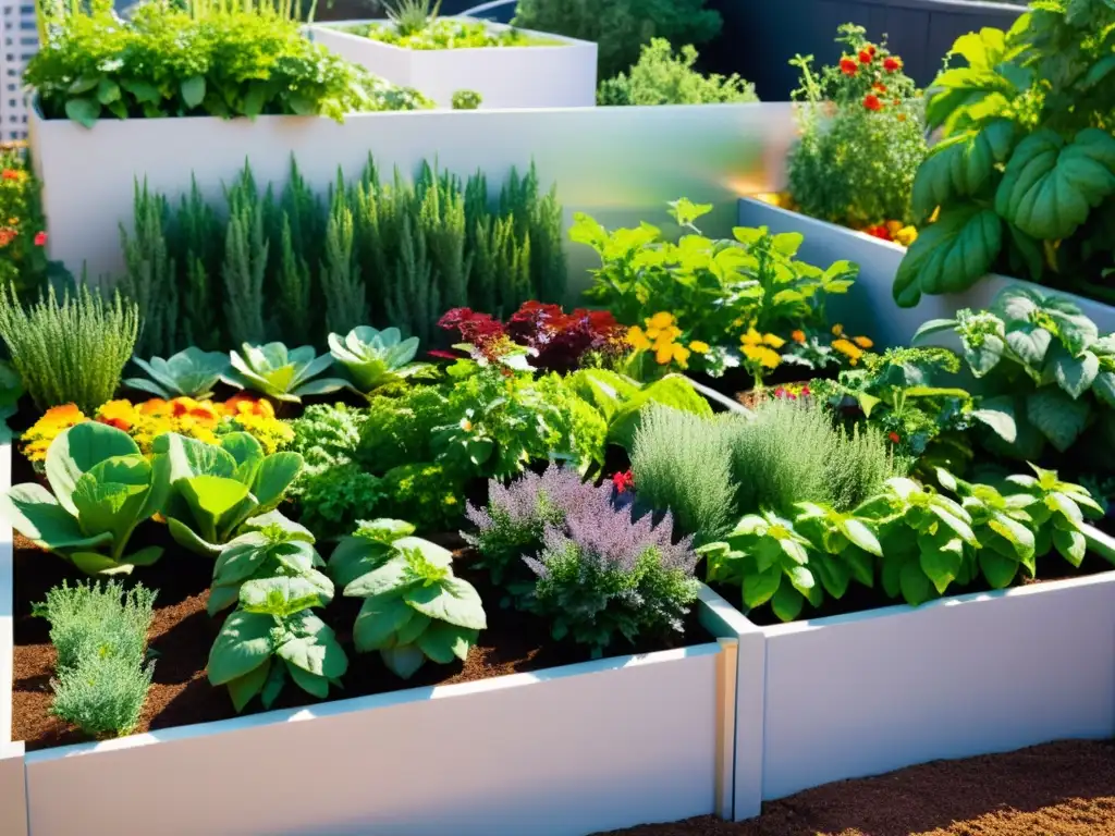 Un exuberante jardín en la azotea, lleno de frutas, verduras y hierbas orgánicas, bañado por la luz del sol