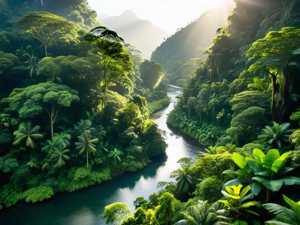 Un exuberante y biodiverso bosque lluvioso con árboles imponentes, follaje verde vibrante y vida silvestre exótica