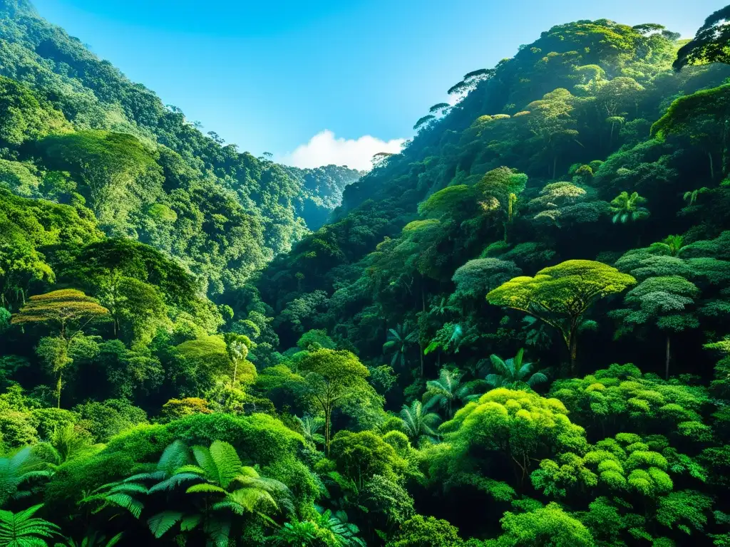 Un exuberante y biodiverso bosque lluvioso bajo cielos azules