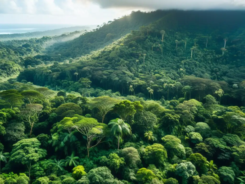 Un exuberante y biodiverso bosque lluvioso con vida vegetal y animal diversa