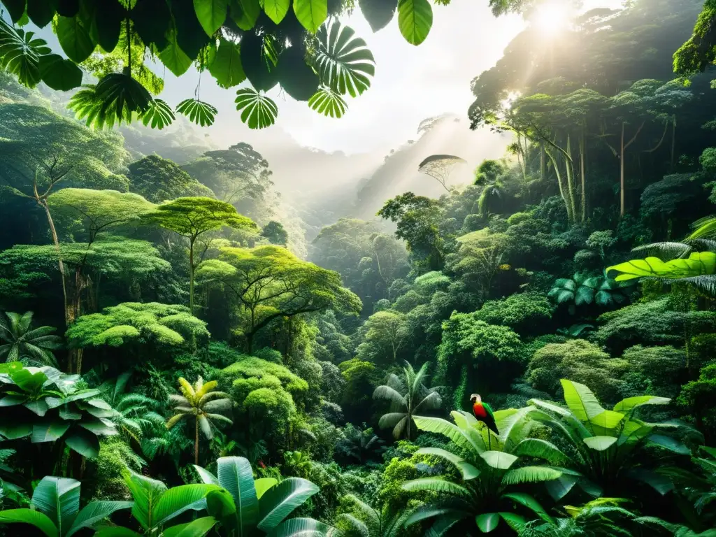 Un exuberante y biodiverso bosque tropical, con árboles imponentes, vida silvestre variada y una rica vegetación verde