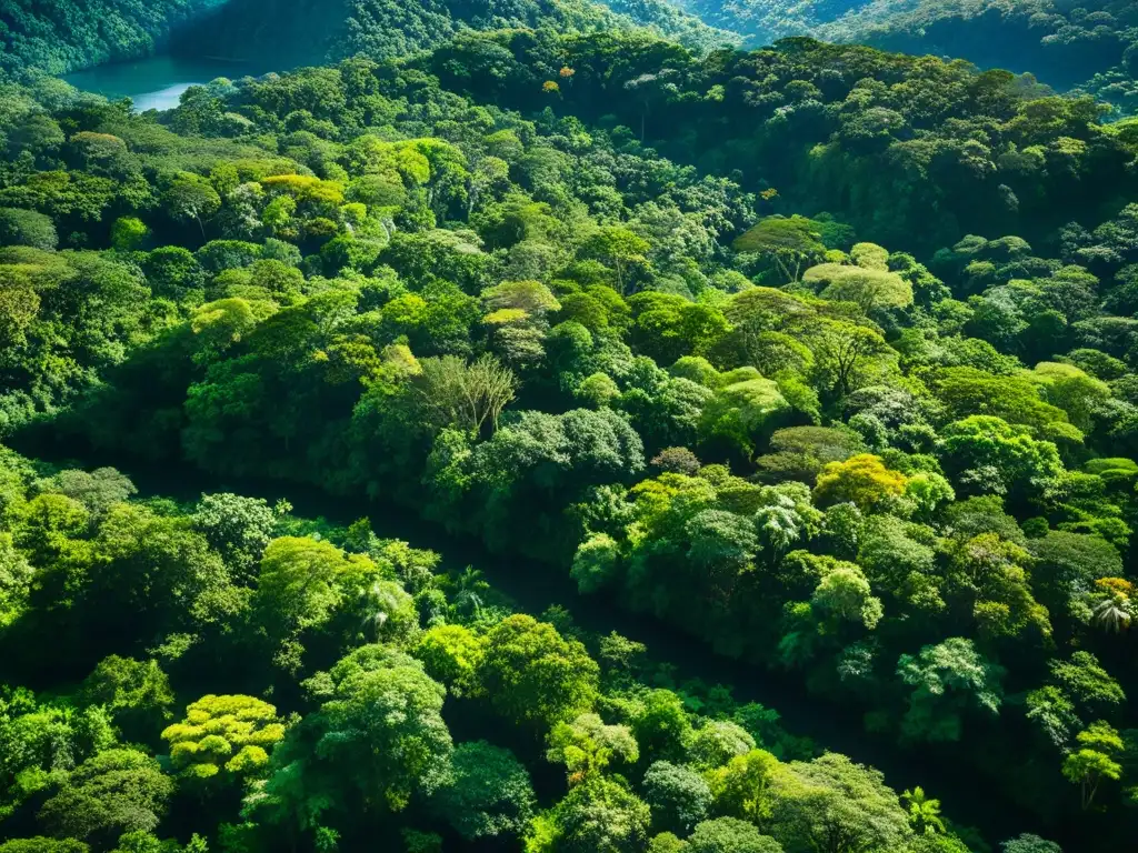 Un exuberante y biodiverso bosque tropical, iluminado por el sol, tejiendo sombras en el suelo