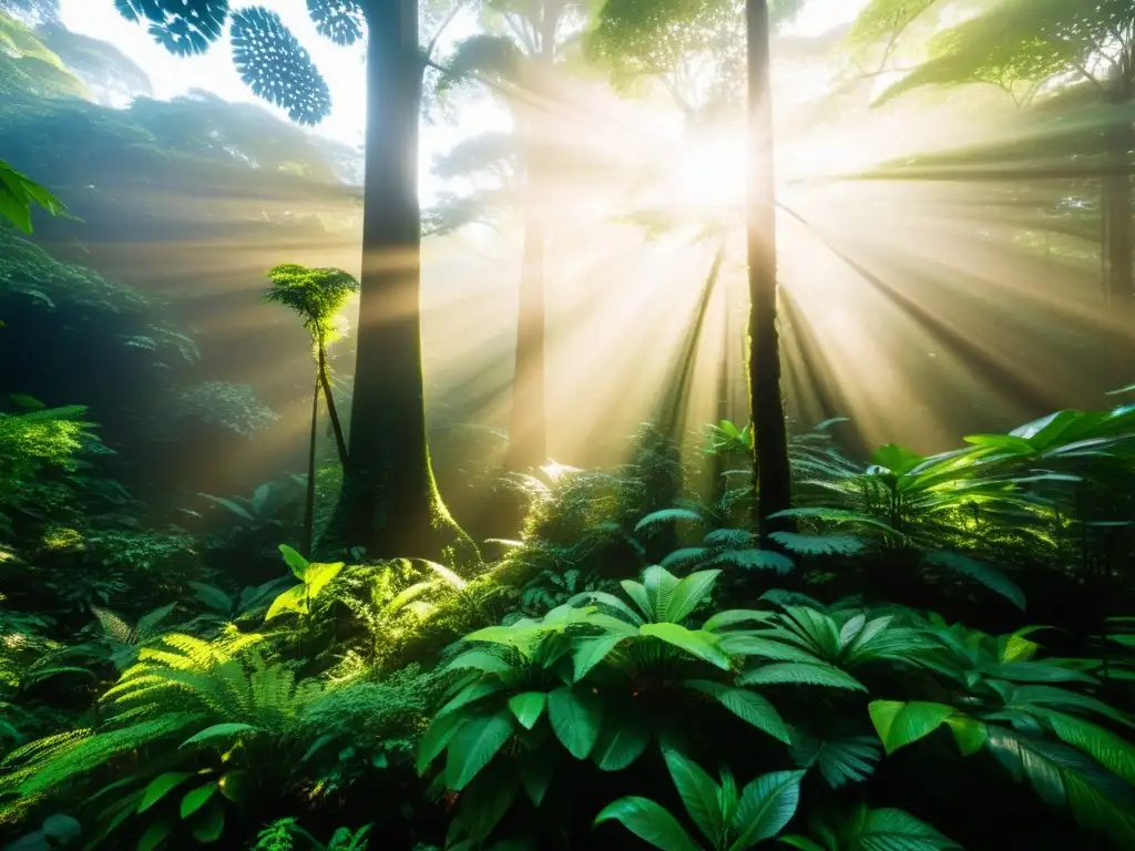 Un exuberante y biodiverso bosque tropical, con una variedad de especies vegetales, árboles imponentes y vida silvestre colorida