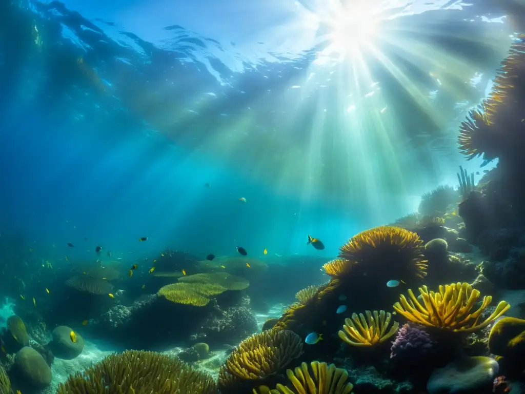 Un exuberante bosque de algas marinas bajo el agua, rebosante de vida marina