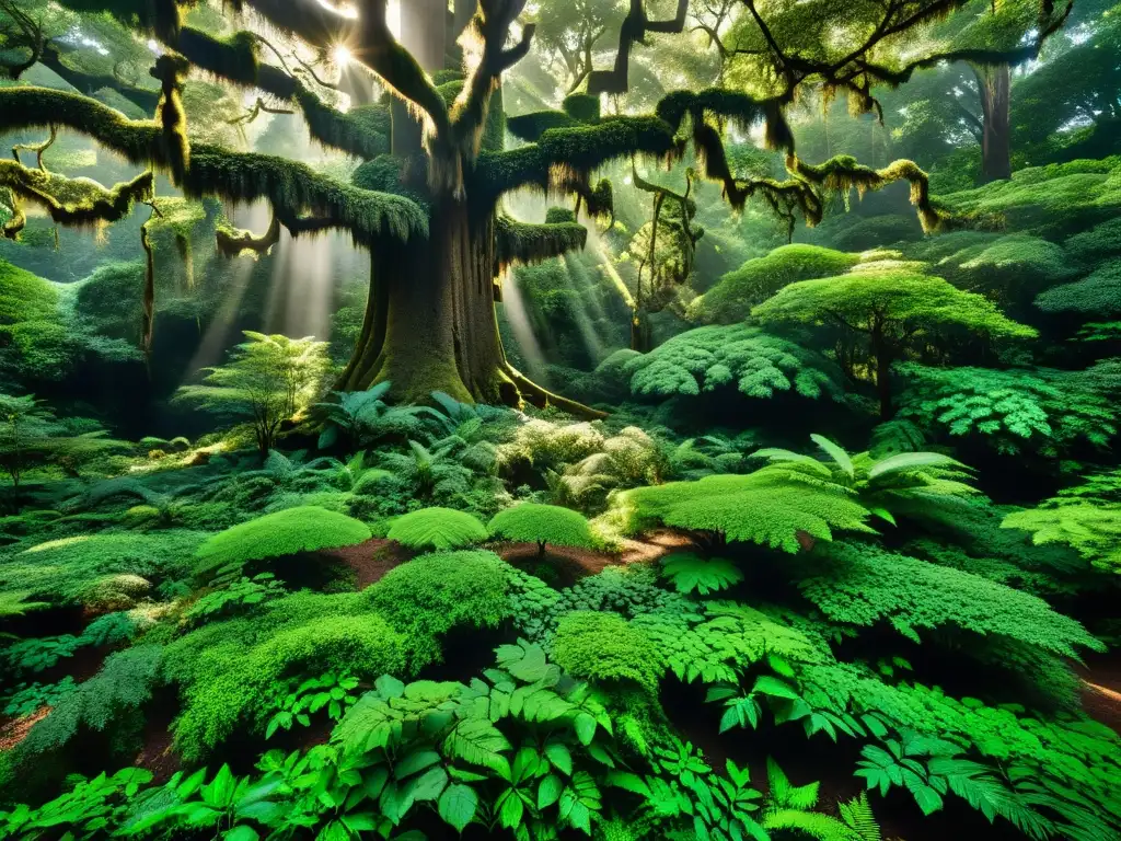 Exuberante bosque antiguo desde altura, con follaje verde y árboles majestuosos