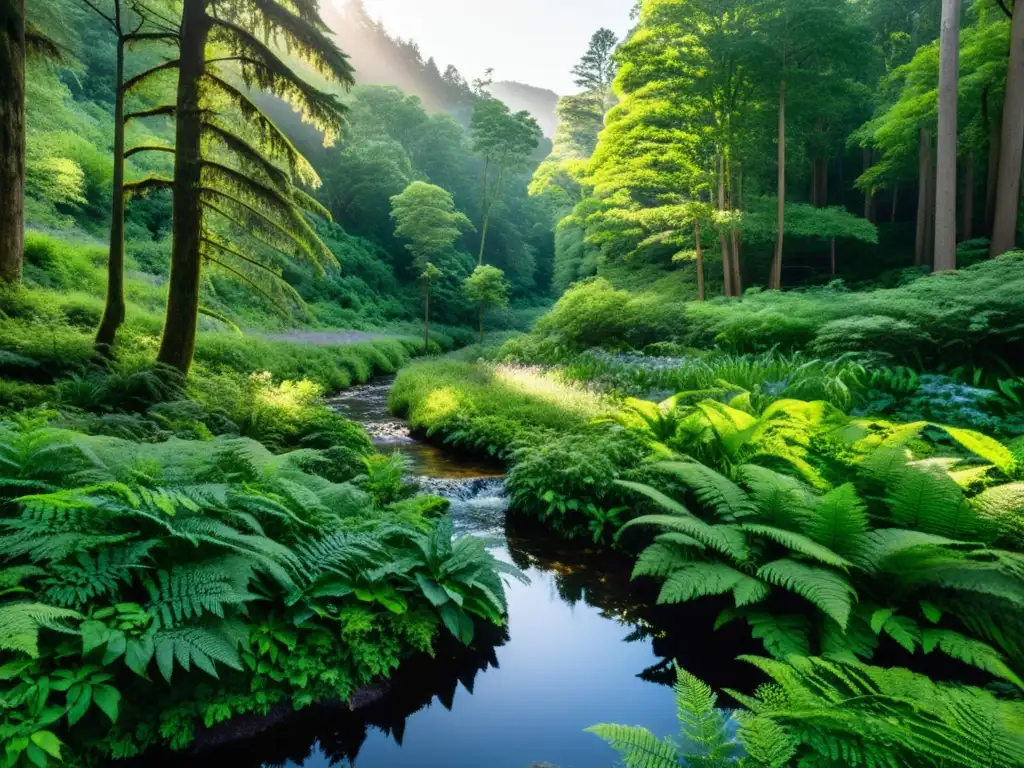 Un exuberante bosque con diversa vegetación y un arroyo, evocando la restauración ecológica para recuperación especies en peligro