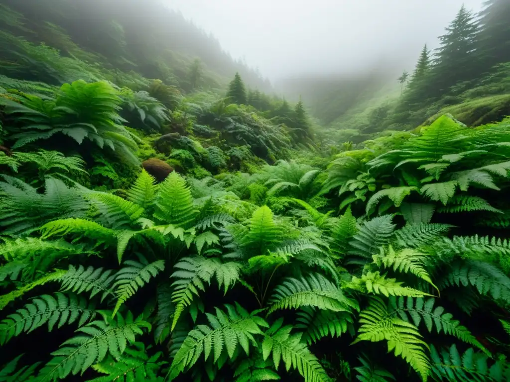 Un exuberante bosque de helechos en un paisaje montañoso cubierto de neblina, crea una atmósfera etérea