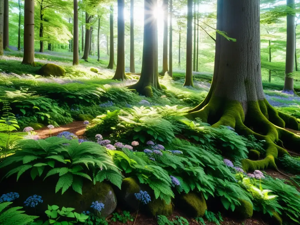 Exuberante bosque en la isla de Bornholm, Dinamarca, muestra la biodiversidad en el Mar Báltico con sus colores, luz y sombra