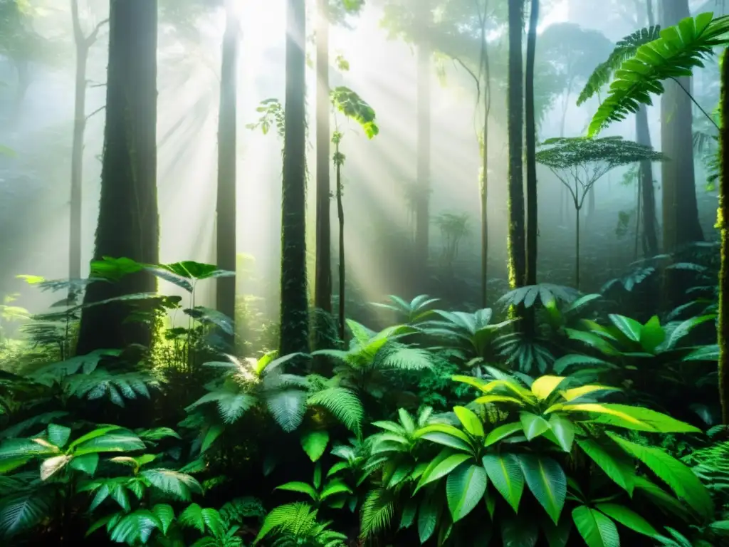 Un exuberante bosque lluvioso con una diversa vegetación, vida abundante y luz solar filtrándose a través de las hojas