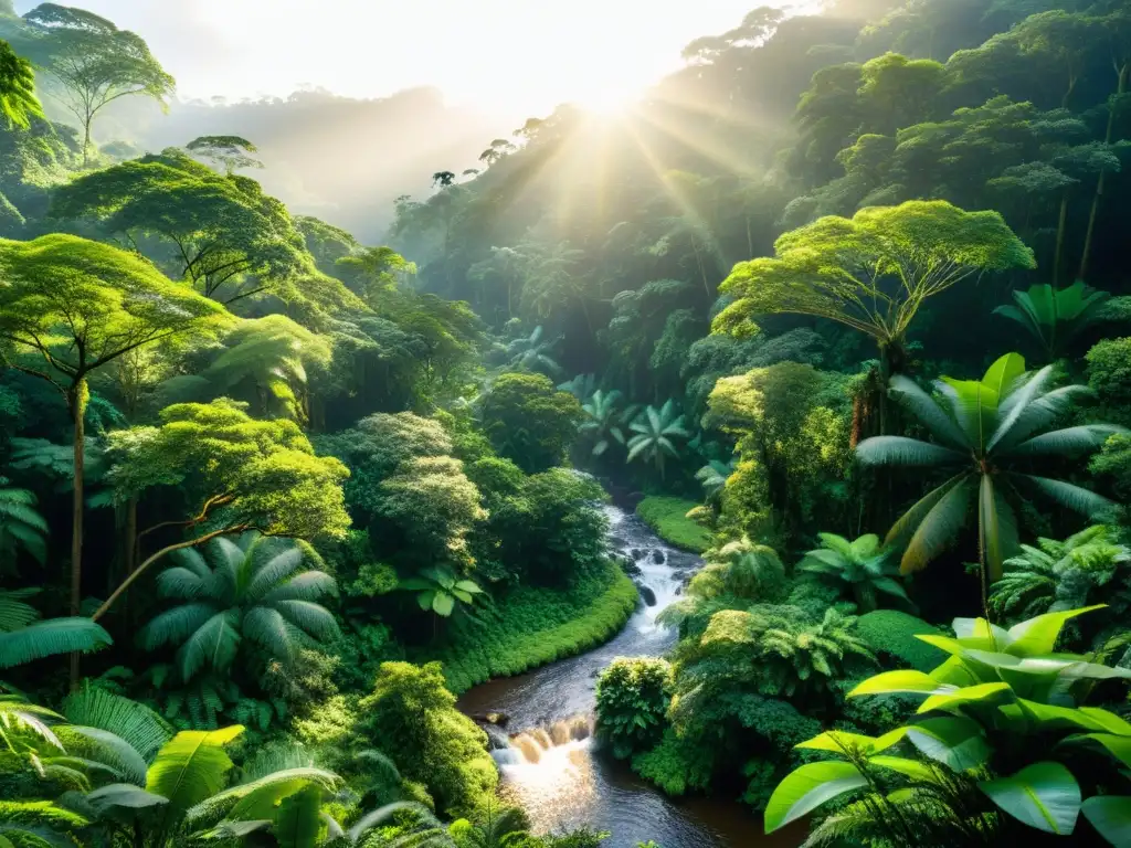 Un exuberante bosque lluvioso con diversa flora y fauna, filtrando la luz del sol