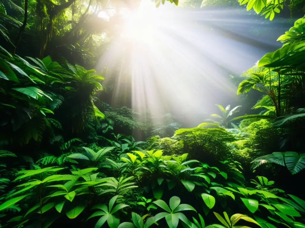 Un exuberante bosque lluvioso en Samoa, con una diversidad de vida silvestre y un juego de luces y sombras