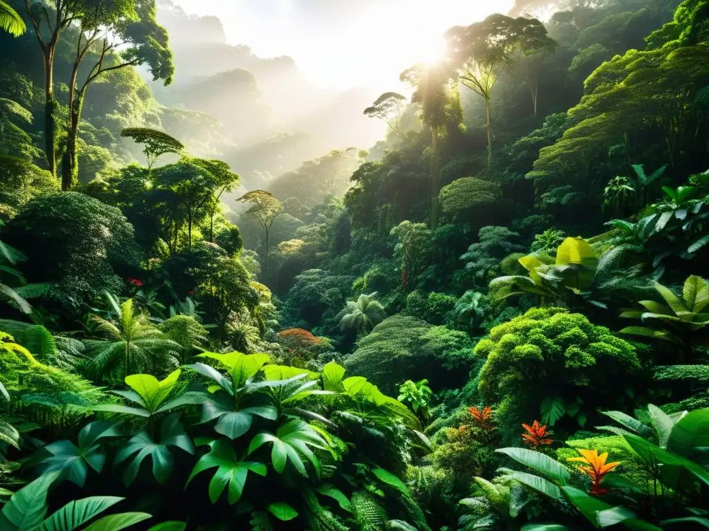 Un exuberante bosque lluvioso, con una gran diversidad de especies vegetales y animales en un paisaje denso y verde