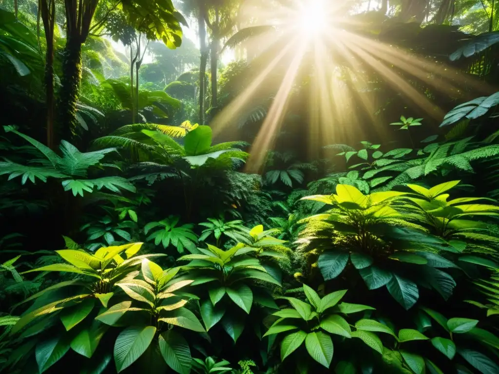 Un exuberante bosque lluvioso con luz solar filtrándose a través del dosel, destacando la biodiversidad