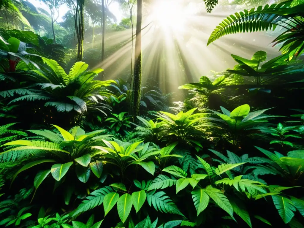 Un exuberante bosque lluvioso con luz solar filtrándose a través del dosel, iluminando hojas verdes vibrantes y creando sombras en el suelo