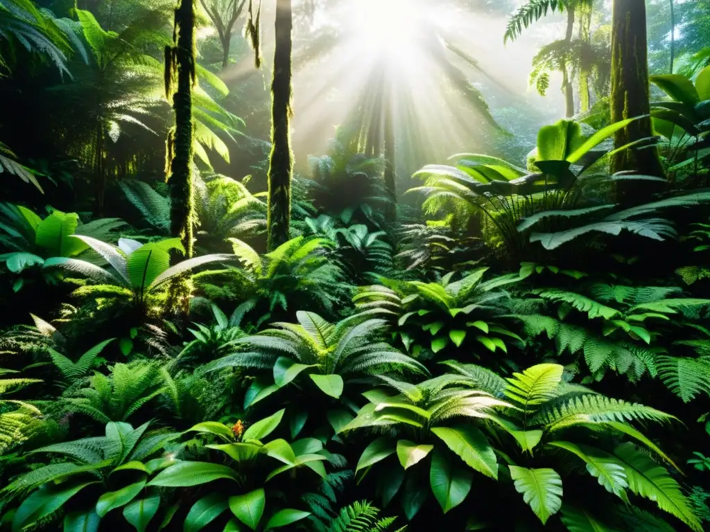 Un exuberante bosque lluvioso con una variedad de exuberante follaje verde y árboles imponentes