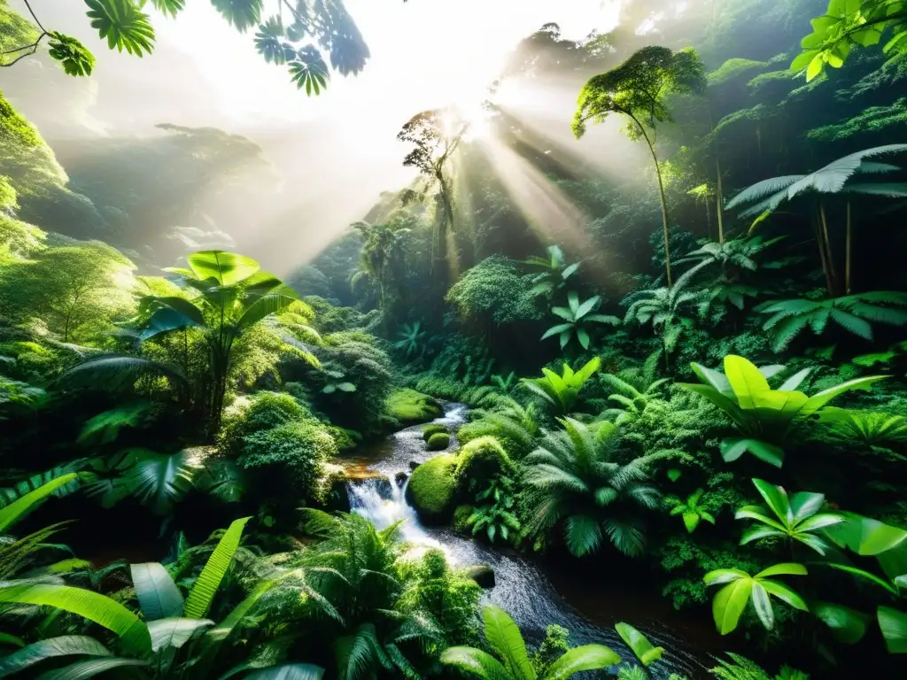 Un exuberante bosque lluvioso con vida silvestre diversa y un arroyo tranquilo