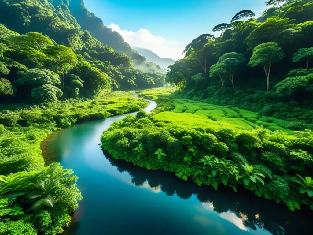 Exuberante bosque en Bután, Asia, con luz solar filtrándose entre el dosel y un arroyo cristalino