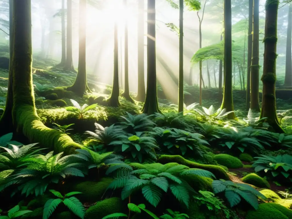 Un exuberante bosque con luz solar filtrándose a través del dosel, destacando la exuberante vegetación y una diversidad de vida vegetal