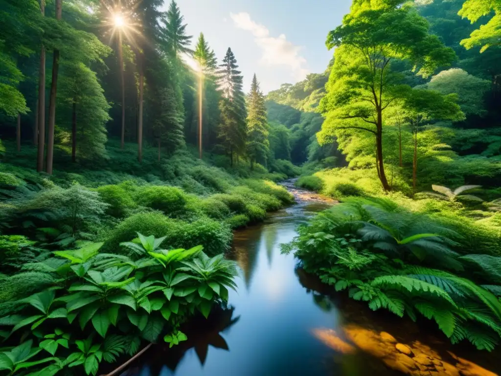 Un exuberante bosque con luz solar filtrándose entre el dosel, resaltando la vegetación vibrante y diversa, mientras un arroyo tranquilo serpentea entre la maleza, reflejando la serena belleza natural del ecosistema forestal sostenible