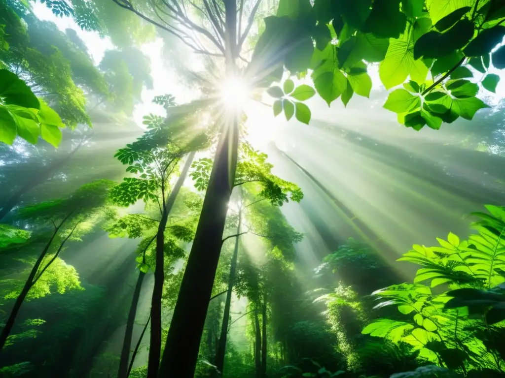 Un exuberante bosque con luz solar filtrándose a través del dosel, mostrando la biodiversidad y la energía renovable en diferentes climas