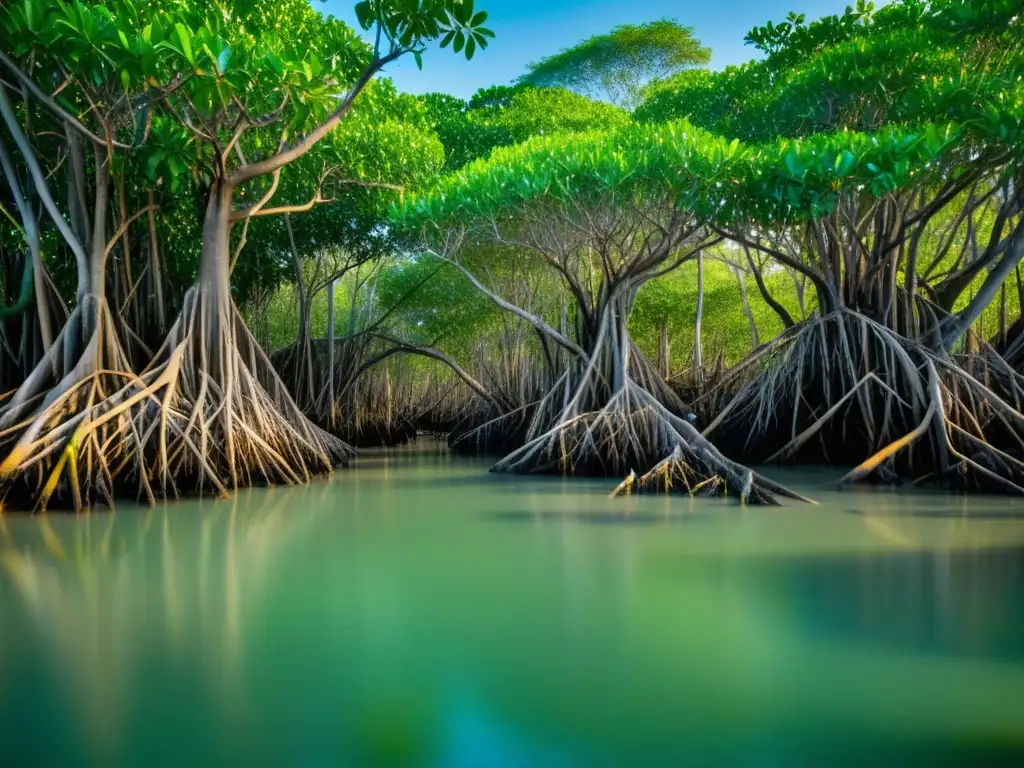 Un exuberante bosque de manglares, con sus raíces y ramas visibles sobre el agua