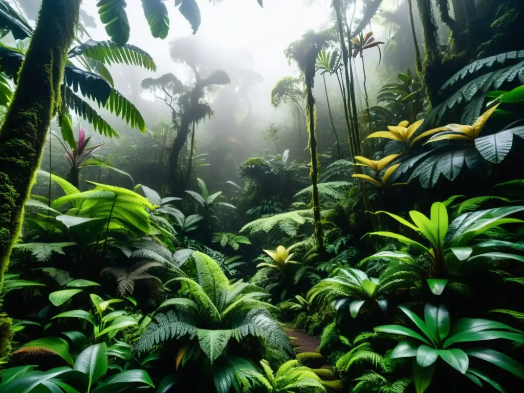 Exuberante bosque nublado con diversa vegetación y luz filtrada, resaltando la importancia de los bosques nublados en la biodiversidad