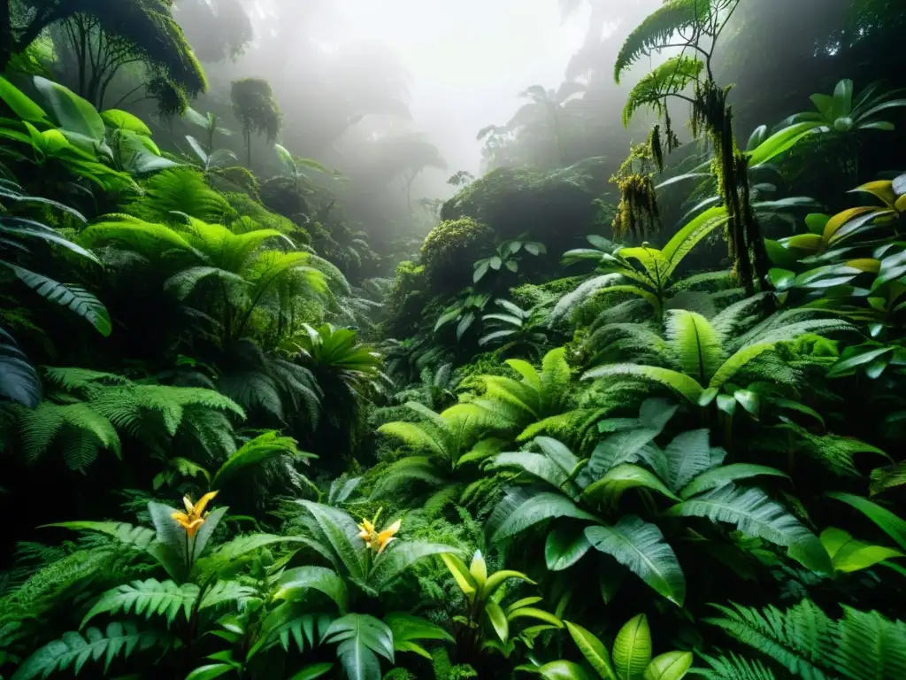 Exuberante bosque nublado con paisajes acústicos de Bosques Nublados, creando una atmósfera mística y serena