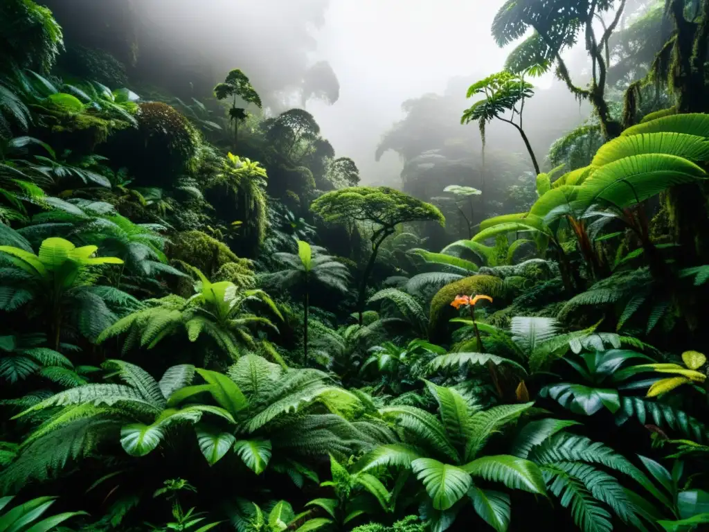 Un exuberante bosque nuboso, con una diversa vegetación verde que destaca la importancia del ciclo de nutrientes