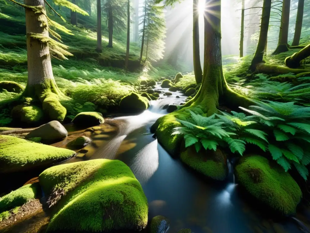 Exuberante bosque templado con diversidad de árboles, musgo, arroyo y vida silvestre